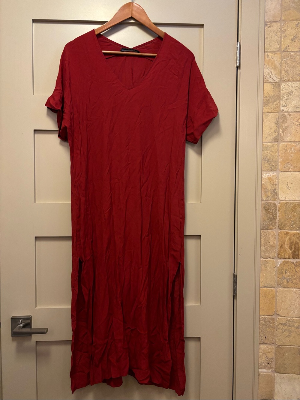 ZARA Viscose Long Dress Kaftan Short Sleeve Fluid Relaxed V Neck Coverup Brick